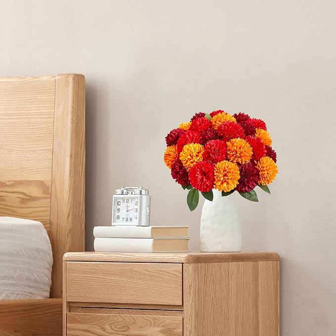 SITUMEIZI 12 Pcs Artificial Chrysanthemums Flowers Ball Flower Fake Mums Silk for Wedding Home Kitchen Decoration Floral Arrangement(Burgundy,Red,Orange)