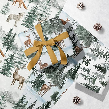 WRAPAHOLIC Kraft Christmas Wrapping Paper Roll - Mini Roll - 3 Rolls - 17 Inch x 120 Inch Per Roll - Watercolor Elk, Wild Animal and Winter Forest Landscape Holiday Collection