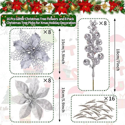 24Pcs Silver Glitter Poinsettia Christmas Tree Ornaments and Glitter Berries Stems, 16Pcs Christmas Artificial Flowers and 8 Pack Christmas Tree Picks for Wedding Holiday Decorations