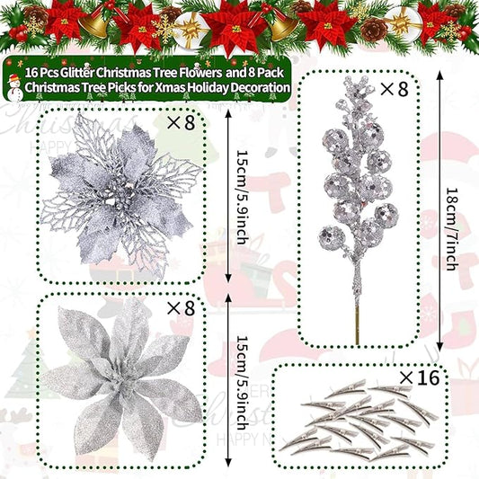 24Pcs Silver Glitter Poinsettia Christmas Tree Ornaments and Glitter Berries Stems, 16Pcs Christmas Artificial Flowers and 8 Pack Christmas Tree Picks for Wedding Holiday Decorations
