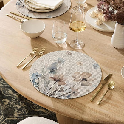 Artoid Mode Brown Poppy Floral Round Placemats Set of 4, 14 Inch Washable Non-Slip Plastic Woven Plastic PVC Place Mats for Farmhouse Party Dining Decor