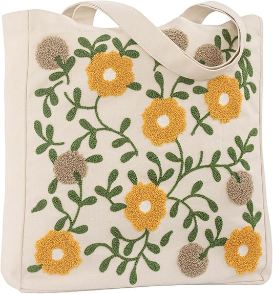 Aesthetic Embroidery Tote Bag for Lady Cute Reusable Canvas Shoulder Bag for Girls Women Shopping Grocery