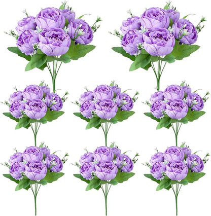8 Pack Purple Peonies Artificial Flowers, Fake Silk Hydrangea Bouquet for Bridal Wedding Home Table Decor Reusable Dining Opening Ceremony Birthday Arrangement Faux Floral