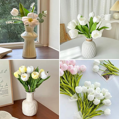 10pcs Partially Open Artificial Tulips 15.5" PU Artificial Flowers for Family Friend Gifts DIY Flower Arrangement Flowers in Home Kitchen Office Party Wedding Dining Table Decoration, White