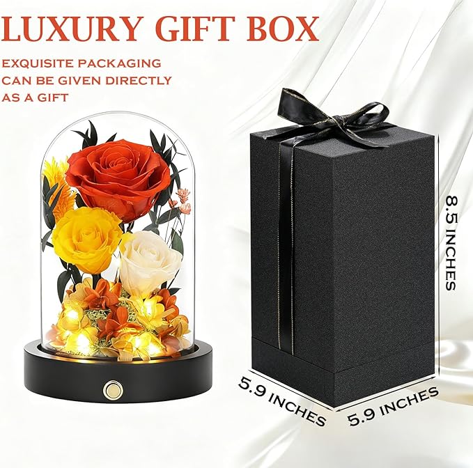 Christmas Flowers Gifts for Women Mom Preserved Roses in Glass Dome, Forever Flowers for Delivery Prime, Real Rose Valentines Day Anniversary Birthday Gifts For Her Mother Wife Grandma Orange