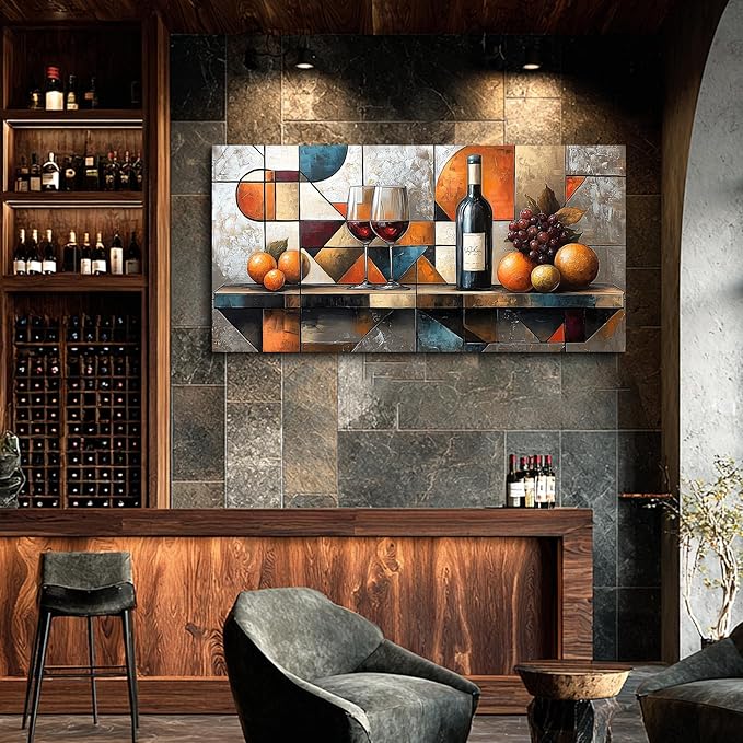 hyidecorart Wine Glass Fruit Painting Still Life Large Canvas Wall Art For Kitchen Wall Decor For Living Room Dining Room Decorations Geometry Abstract Picture Artwork Bar Posters Home Decor 24"x48"