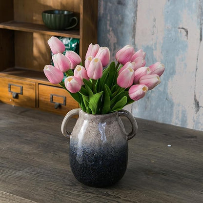Brown Gradient Ceramic Vase with 2 Handles, Modern Farmhouse Decor, Rustic Terracotta Pottery, Decorative Flower Vases, Clay Small Vase, Centerpiece for Dining Table - 7 Inch Tall