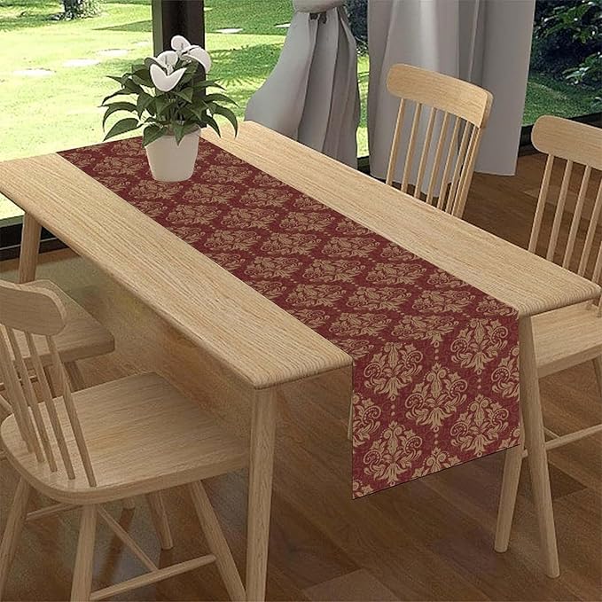 Red Damask Table Runner, Rustic Antique Victorian Style Coffee Table Center Decor for Home Kitchen Dining Patio Holiday Party Indoor Outdoor Table Decorations 13x72 inch