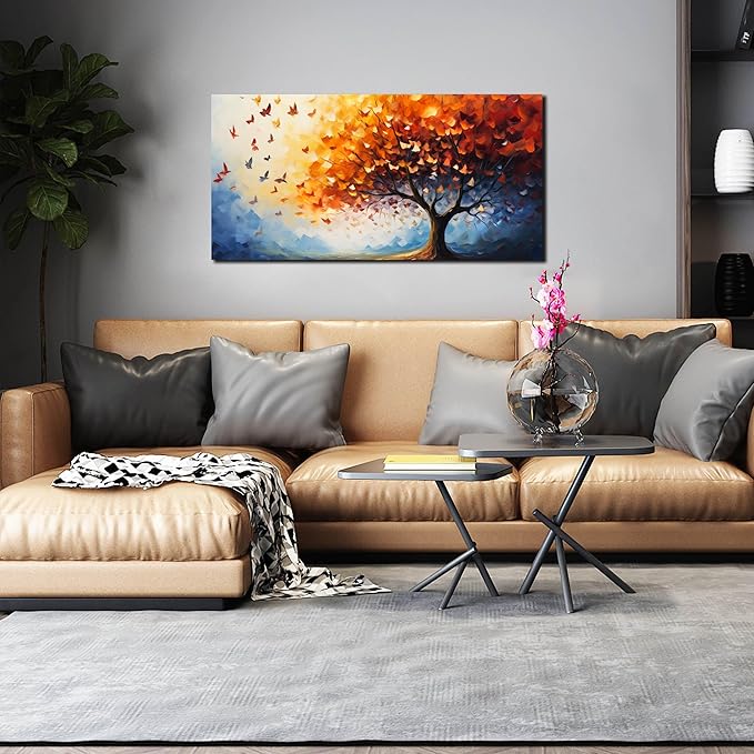 ANCXWOTER Butterfly Tree Canvas Wall Art for Living Room Bedroom Home Office Orange and Blue Colorful Butterfly Picture Tree of Life Wall Art Large Modern Canvas Prints 20x40 In