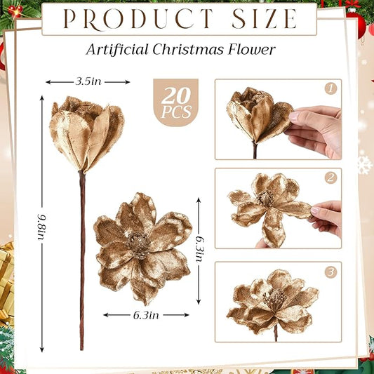 20 Pcs Christmas Glitter Poinsettia Magnolia Flowers Ornaments Large Heads Artificial Magnolia Flowers for Christmas Tree Xmas Wreath Holiday Wedding Decor(Gold)