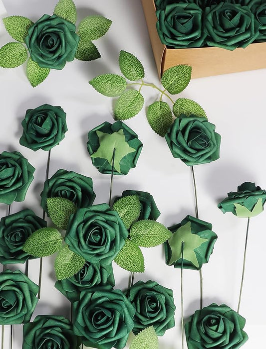 50pcs Artificial Flower，Real Touch Foam Roses w/Stem DIY for Wedding Bouquet Centerpieces Party Shower Home Decor-Green boxpack