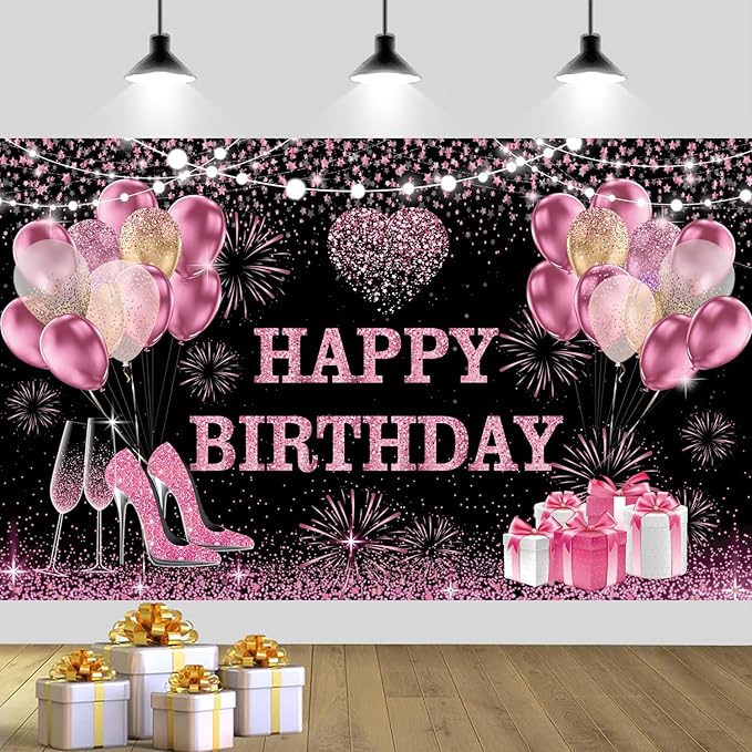 YinQin 180x120 cm Pink Golden Happy Birthday Backdrops Cloth 71x47 inch Bday Party Photography Backgrounds Glitter Black Rose Golden Happy Birthday Sign Banner Decoration for Women Girl