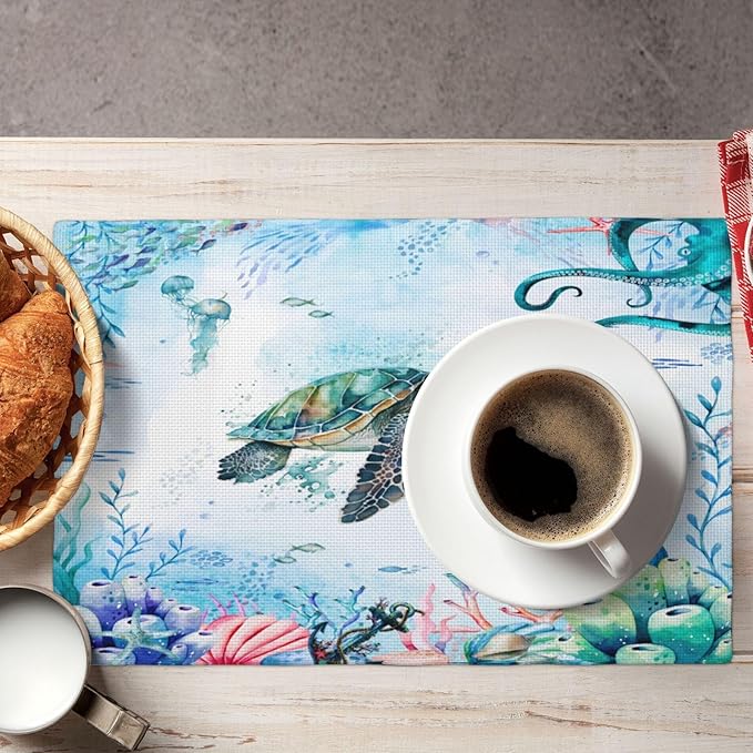 Turtle Ocean Placemats, Cartoon Blue Watercolour Ocean Coral Shell Seahorse Octopus Starfish Animal Print Washable Fabric Placemats Table Kitchen Dining Party 12x18 Inch Set of 6