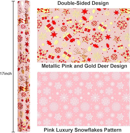 Yarcony Pink Christmas Gift Wrapping Paper, Reindeer Wrapping Paper, Elegant Vintage Pink and Gold Deer Girls Holiday Gift Wrap with Metallic Shine for Christmas Presents, Party (17Inch x 33Feet)