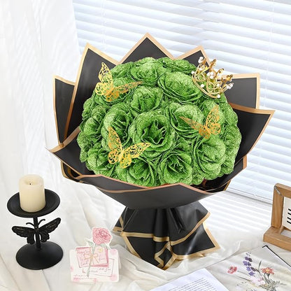 Waipfaru Glitter Roses Bouquet, DIY Green Fake Flowers Bouquet, Birthday Gifts for Women Mom, 36 Pcs Rose for Wife Girlfriend Valentines, Mothers Day, Graduation, St. Patrick's Day