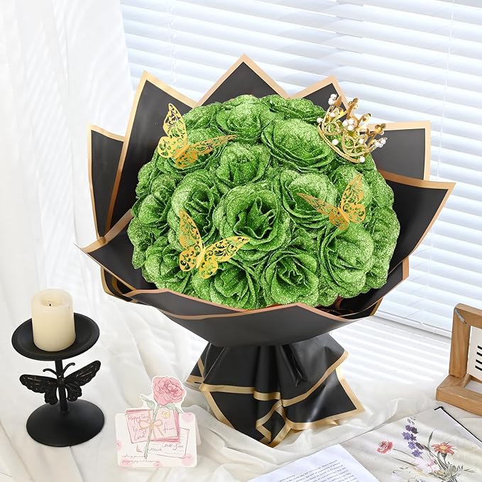 Waipfaru Glitter Roses Bouquet, DIY Green Fake Flowers Bouquet, Birthday Gifts for Women Mom, 24 Pcs Rose for Wife Girlfriend Valentines, Mothers Day, Graduation, St. Patrick's Day