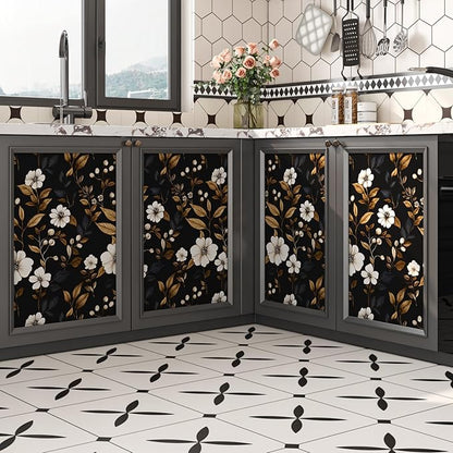 Vintage Black Floral Wallpaper Peel and Stick 17.4" x 118", Retro Golden Leaf White Flower Pattern Contact Paper Classic Removable Covering for Bedroom Bathroom Cabinet Drawer Home Decor Dark