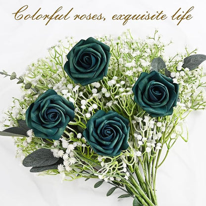 BLEUM CADE 16Pcs Artificial Flowers Fake Roses with Stems, Army Green Boxed Foam Roses for DIY Bouquets Centerpieces Wedding Party Arrangement Bridal Shower Decor