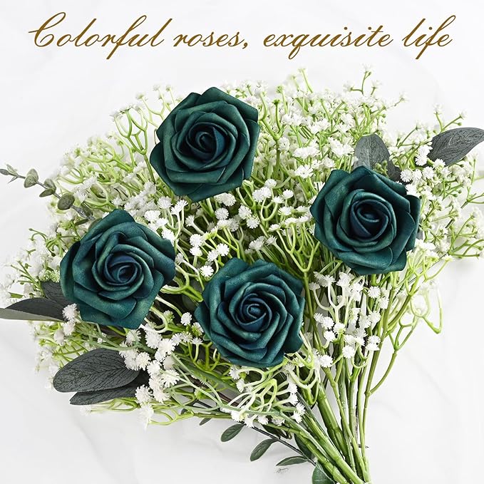 BLEUM CADE 36Pcs Artificial Flowers Fake Roses with Stems, Army Green Boxed Foam Roses for DIY Bouquets Centerpieces Wedding Party Arrangement Bridal Shower Decor