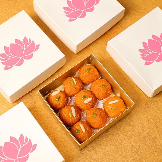 Lotus Printed White Sweet Boxes for Indian Sweets, Cookies, Goodies, Mithai, Candy, Gift Boxes with Lids Bulk, Handmade Bulk Mithai Box, Favor Boxes for Wedding, 2.95x5.51 Inch (Pack of 4)