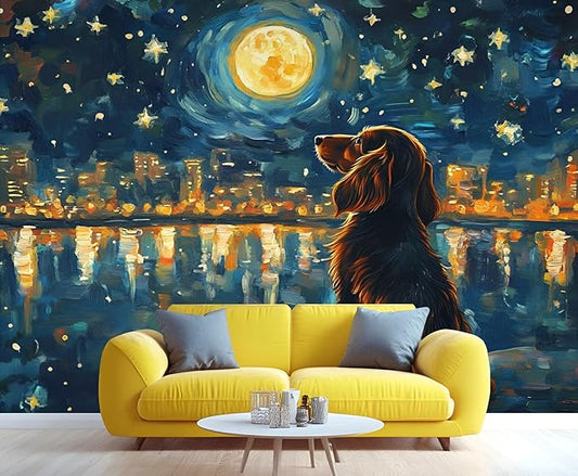 Dog and Moon Night Sky Wall Mural, Starry Night Cityscape 3D Wall Murals, Nighttime Dog Reflection Wallpaper Mural, for Living Room Bedroom Large Wallpaper Indoor Decor 157.5" W x110.3 H