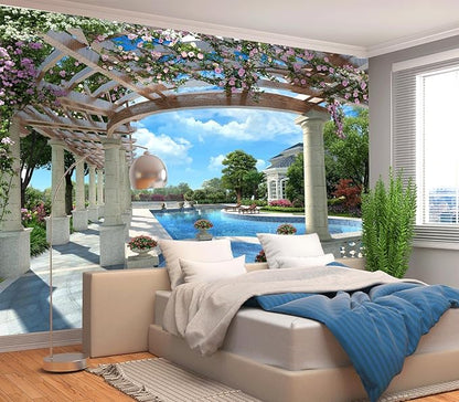 Cliouar-Backyard Villa with Swimming Pool Wall Mural Wallpaper Peel and Stick 160" x 114"