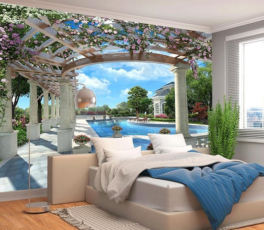 Cliouar-Backyard Villa with Swimming Pool Wall Mural Wallpaper Peel and Stick 160" x 114"