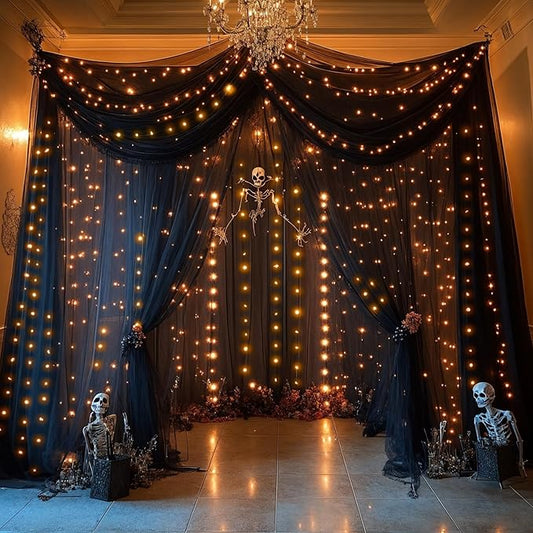 30×10ft Black Tulle Backdrop Curtain with Lights String for Parties, Sheer Curtain Backdrop Drapes for Wedding Party Photography Background