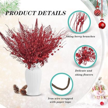 30 Pcs Artificial Christmas Tree Picks and Sprays Glitter Berry Stem Branches Holly Floral Picks Twigs Christmas Tree Ornaments for DIY Xmas Wreath Vase Filler Decorations(Red)
