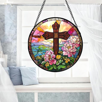 Christian Gifts for Women - Cross Stained Glass Window Hanging Jesus Easter Pink Flower Peony Sun Catcher Garden Religion Decor Mother's Day Catholic Gift for Men Grandma Mom Her Nana 9.8"