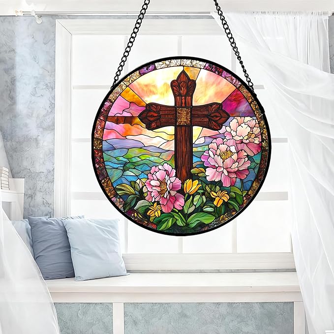 Christian Gifts for Women - Cross Stained Glass Window Hanging Jesus Easter Pink Flower Peony Sun Catcher Garden Religion Decor Mother's Day Catholic Gift for Men Grandma Mom Her Nana 6.3"