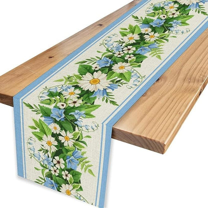 Wild Flower Table Runner, Vintage Seasonal Spring Daisy Flower Rustic Blue Farmhouse Table Center Decor for Family Kitchen Farmhouse Holiday Party Table Decorations Indoor Outdoor 13x72 inch