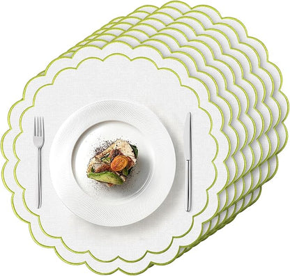 Set of 8 Cotton Linen Placemats, 15x15 Scalloped Flower Embroidery Cloth Table Mats Double Layered Fabric Machine Washable Wrinkle Free Dining Placemat for Restaurant Kitchen Decor, White with Green