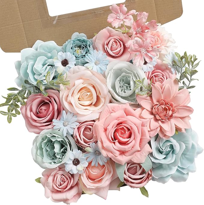 Blue Pink Artificial Flowers Combo Set Fake Flower Leaf Box with Stemst for DIY Wedding Bridal Bouquet, Centerpieces, Home Decor, Floral Arrangement Decor