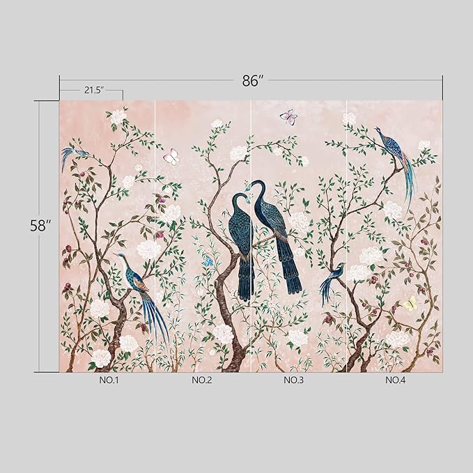 Pink Chinese Style Flowers Birds Wallpaper Peel and Stick Wall Mural for Bedroom Living Room - 58"x86"