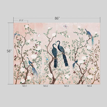 Pink Chinese Style Flowers Birds Wallpaper Peel and Stick Wall Mural for Bedroom Living Room - 58"x86"