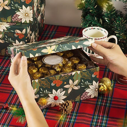 Soul & Lane Christmas Square Decorative Boxes with Lids - Set of 4 - Festive Foliage, Reusable Large Nesting Holiday Gift Boxes for Presents and Décor
