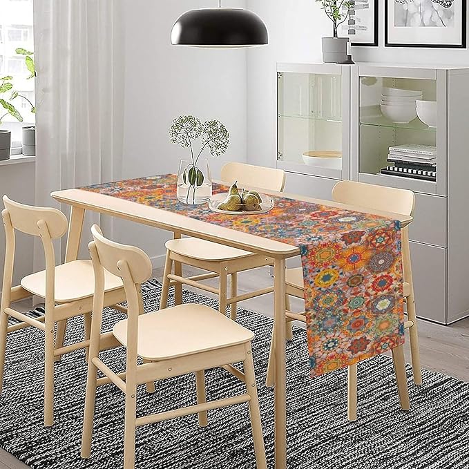 Boho Table Runner, Orange Geometric Mandala Flower Fall Farmhouse Decor Table Runner for Kitchen Dining Party Home Decoration, 13x60 Inch
