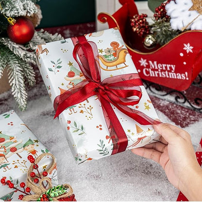 MAYPLUSS Christmas Wrapping Paper Roll - 17IN X 33FT - Santa Claus Gift Wrapping Paper Featuring Sleigh Christmas Tree Gnome Reindeer Holly Gingerbread Reversible Snowflake for Kids, Holiday, New Year