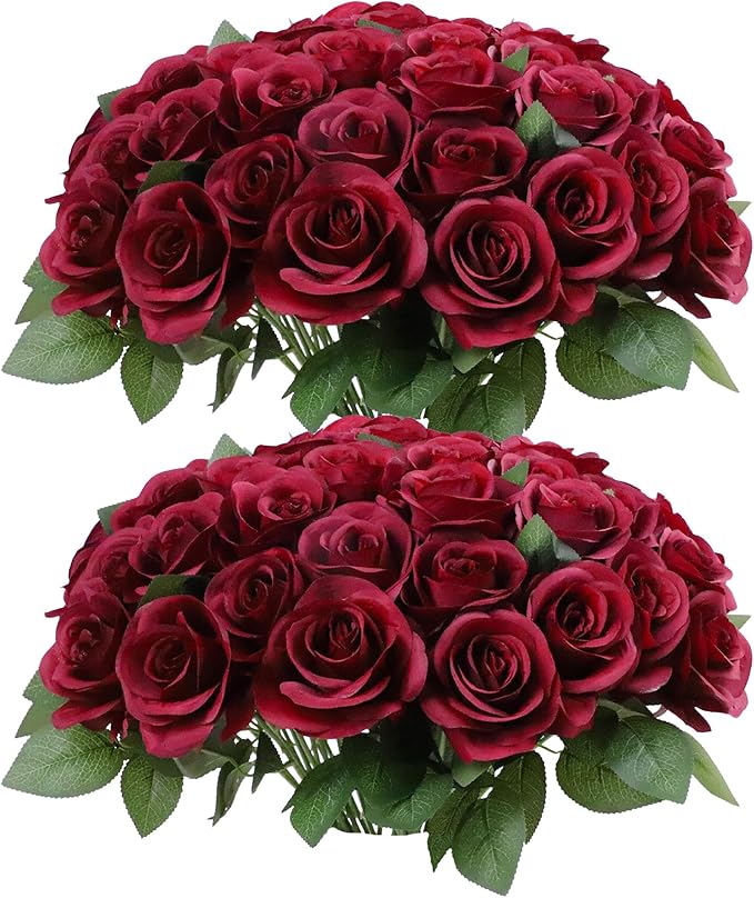 DELOVO 52pcs Burgundy roses artificial flowers Fake Flowers silk roses with Stems for DIY Wedding Bouquets Bridal Shower Centerpieces Arrangements Party Decorations