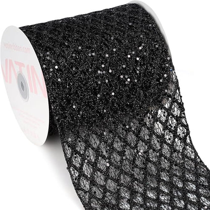 VATIN 6" Black Christmas Ribbon, Black Glitter Mesh Diamond Web Sequin Dots Wired Christmas Ribbon for Gift Wrapping Bow Making Wreath Supply-10 Yards