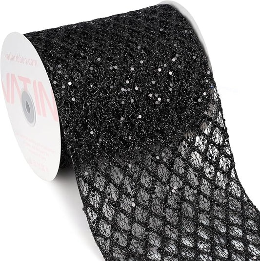 VATIN 6" Black Christmas Ribbon, Black Glitter Mesh Diamond Web Sequin Dots Wired Christmas Ribbon for Gift Wrapping Bow Making Wreath Supply-10 Yards