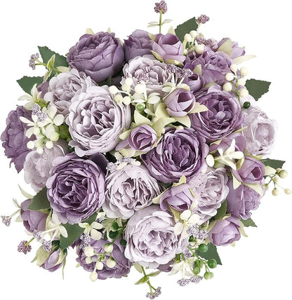 Mkono Peonies Artificial Flowers, Small Silk Flowers for Home Decor Indoor Fake Bouquet Faux Floral Arrangements Dining Table Centerpieces for Kitchen Bridal Wedding Party Decor Purple