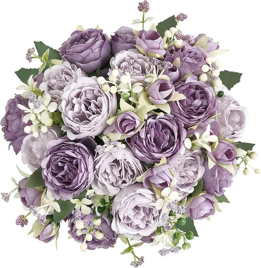 Mkono Peonies Artificial Flowers, Small Silk Flowers for Home Decor Indoor Fake Bouquet Faux Floral Arrangements Dining Table Centerpieces for Kitchen Bridal Wedding Party Decor Purple