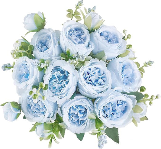 Mkono Peonies Artificial Flowers, Small Silk Flowers for Home Decor Indoor Fake Bouquet Faux Floral Arrangements Dining Table Centerpieces for Kitchen Bridal Wedding Party Decor Blue