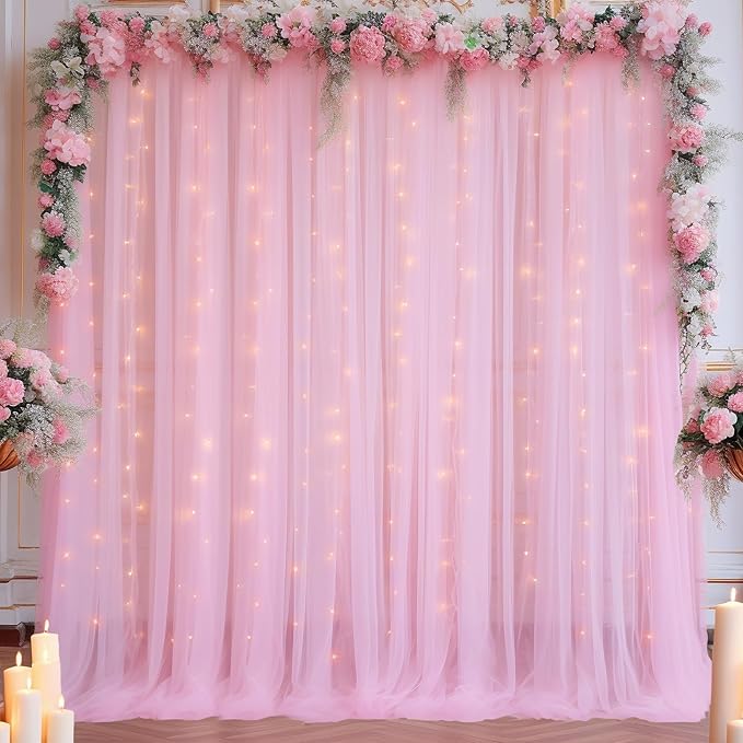 10x10ft Pink Tulle Backdrop Curtain with Lights String for Parites, Sheer Backdrop Curtains for Baby Shower Wedding Birthday Party Photo Shoot Decorations