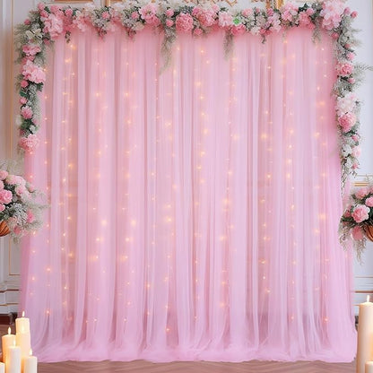 10x8ft Baby Pink Tulle Backdrop Curtain with Lights String for Parites, Sheer Backdrop Curtains for Wedding Baby Shower Birthday Party Photo Shoot Decorations
