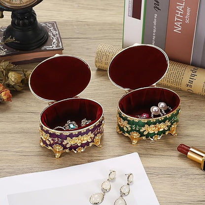 Hipiwe Vintage Jewelry Box Oval Trinket Display Case with Rose Pattern Decorative Green Treasure Box Ring Holder for Women