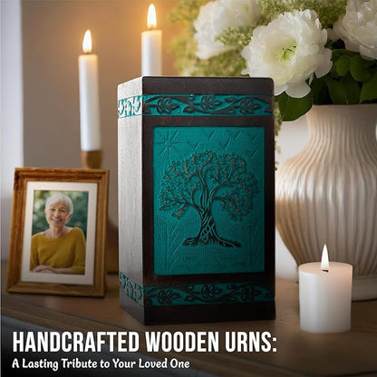 INTAJ Cremation Urn for Human Ashes - Wooden Urn Box for Ashes Handcrafted - Tree of Life Memorial Urn Funeral Cremation Urns (Teal Green, X-Large (250lbs or 115kg))