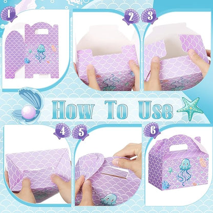 24 Pcs Mermaid Party Favors Treat Boxes Shell Pearl Mermaid Goodie Bags Candy Gift Bags Ocean Gable Box with Handles for Girls Under The Sea Birthday Party Supplies
